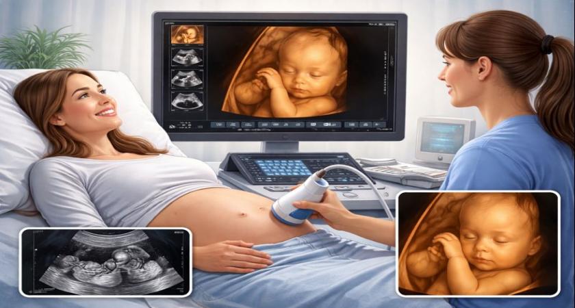 3D/4D pregnancy scan showing detailed fetal face during ultrasound for early detection of fetal growth and developmental issues