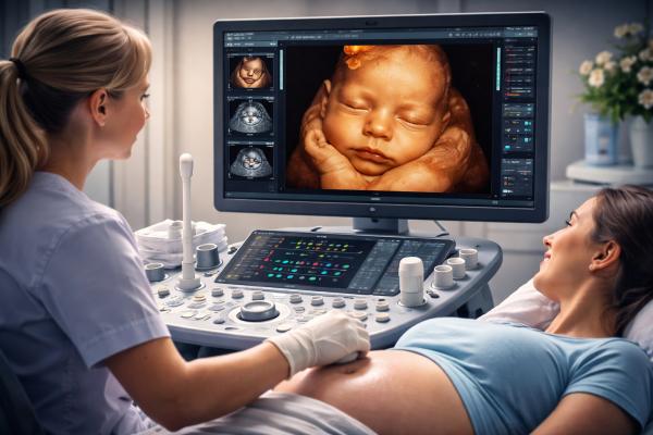 3D/4D sonography scan showing detailed fetal face during pregnancy ultrasound at a diagnostic center in Pimple Saudagar, PCMC