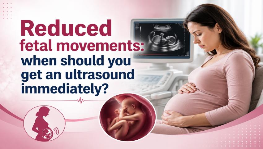 Reduced fetal movement scan illustration showing an ultrasound image and pregnant mother